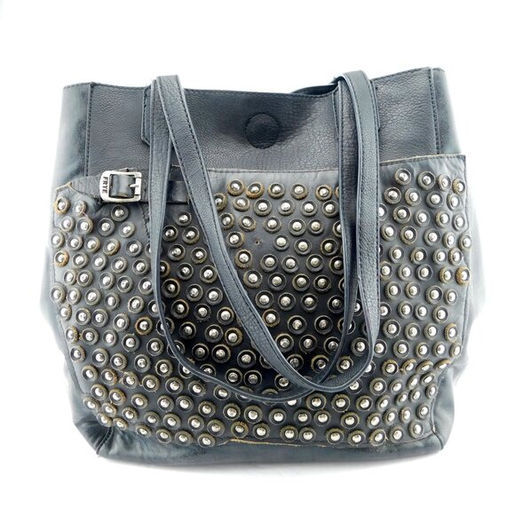 FRYE + Madison West Black Large Studded Leather Satchel Tote Handbag - Picture 3 of 9